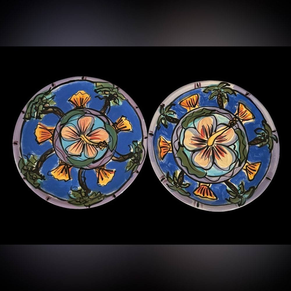 Masters Pottery Plate Colorful  Signed By Artist 12in Lot Of 2 made in Italy